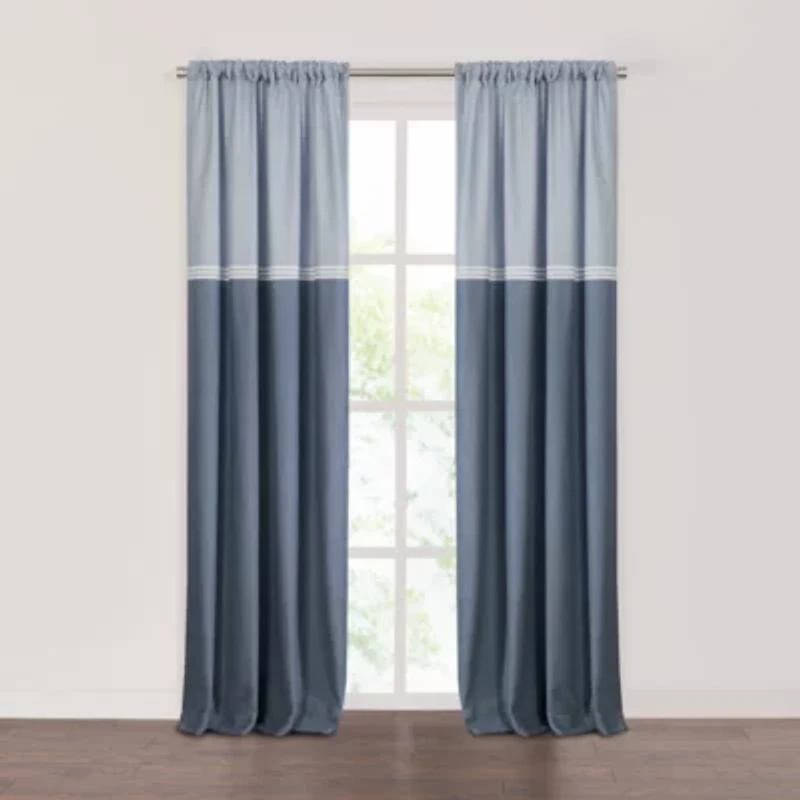 Fieldcrest Devin Flippable Stripe Cotton Chambray Rod Pocket Energy Saving 100% Blackout Single Curtain Panel