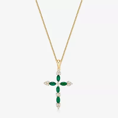 Gemstone & 1/6 CT. T.W. Natural Diamond 10K Gold Cross Pendant Necklace