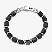 Mens Black Agate Stainless Steel Beaded Bracelet