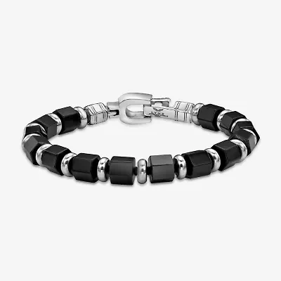 Mens Black Agate Stainless Steel Beaded Bracelet