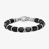Mens Black Agate Stainless Steel Beaded Bracelet