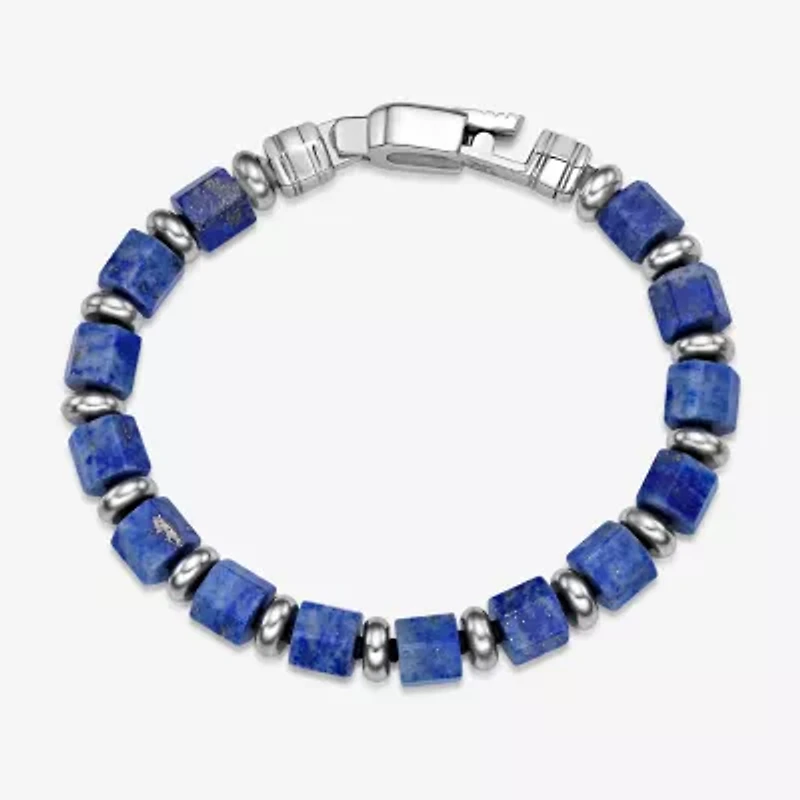 Mens Black Agate Stainless Steel Beaded Bracelet