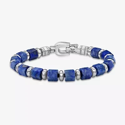 Mens Black Agate Stainless Steel Beaded Bracelet