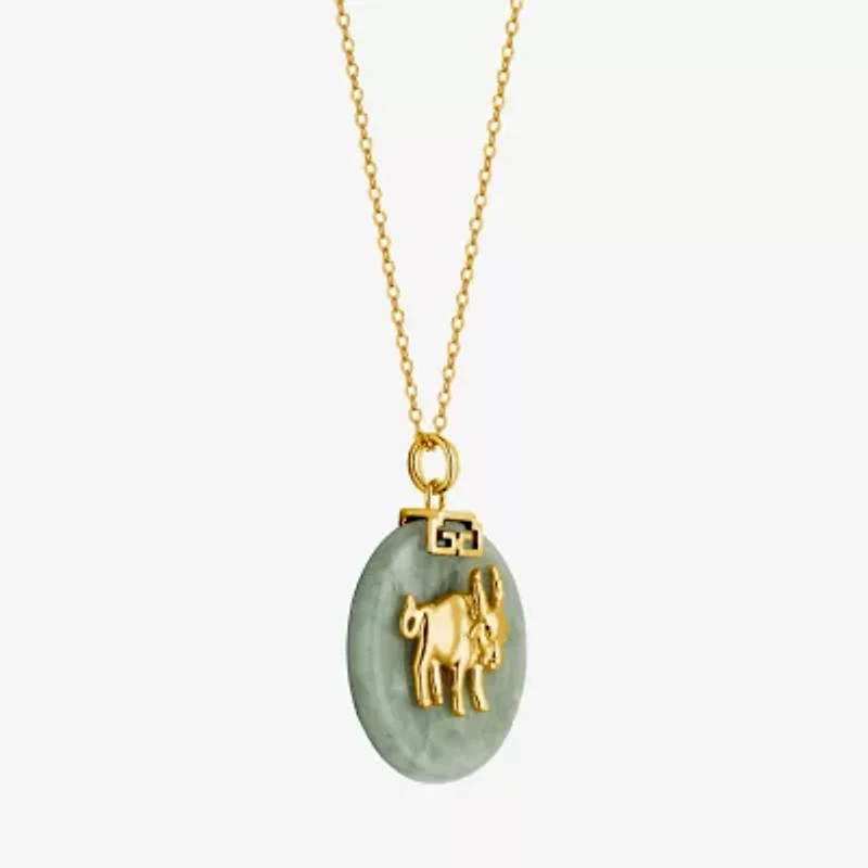 Bull Womens Genuine Green Jade 18K Gold Over Silver 18 Inch Pendant Necklace