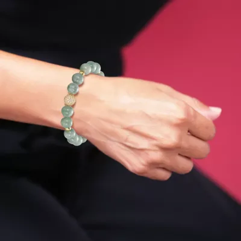 Womens Genuine Green Jade 18K Gold Over Silver Beaded Bracelet