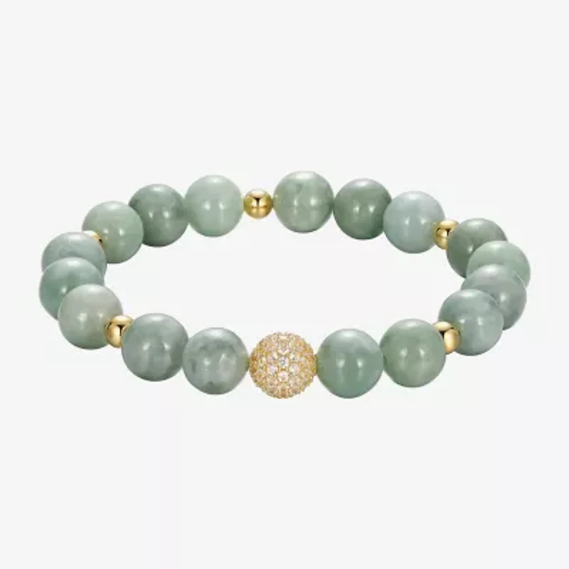 Womens Genuine Green Jade 18K Gold Over Silver Beaded Bracelet