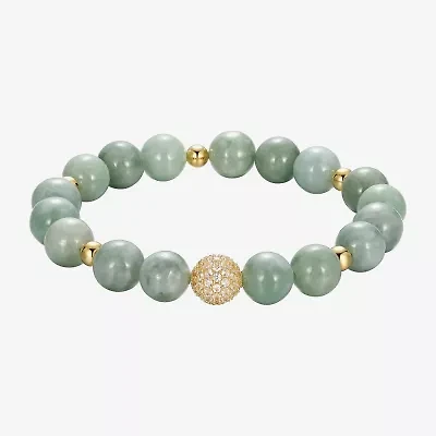 Womens Genuine Green Jade 18K Gold Over Silver Beaded Bracelet
