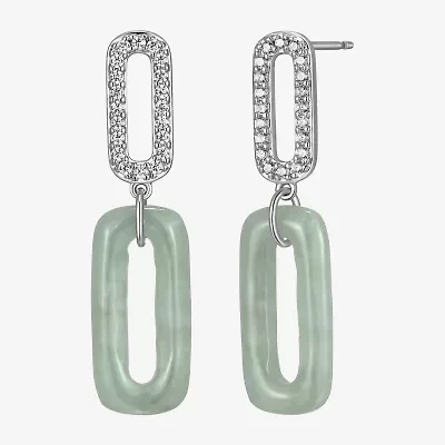Womens Genuine Green Jade Sterling Silver Paperclip Drop Earrings