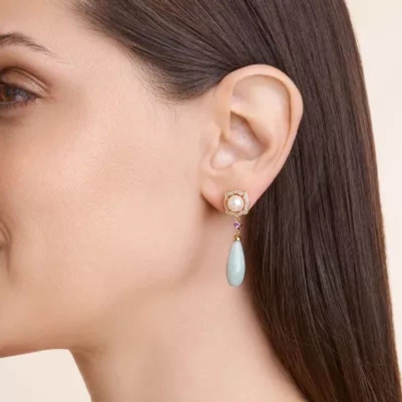 Womens Genuine Green Jade 18K Gold Over Silver Drop Earrings