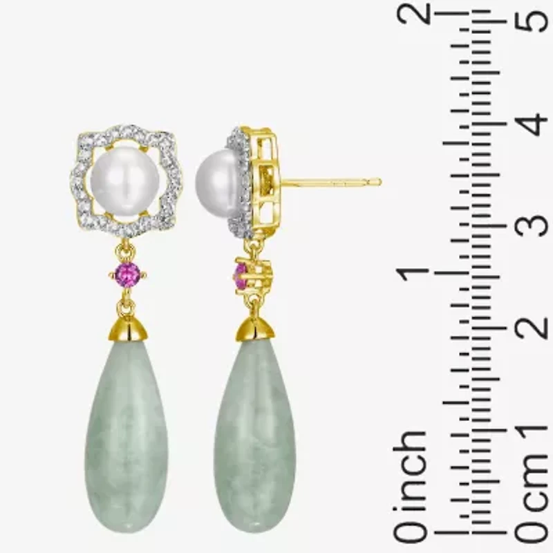 Womens Genuine Green Jade 18K Gold Over Silver Drop Earrings