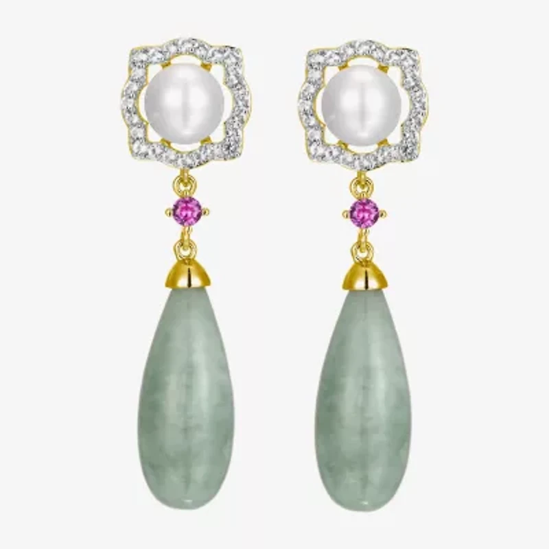 Womens Genuine Green Jade 18K Gold Over Silver Drop Earrings
