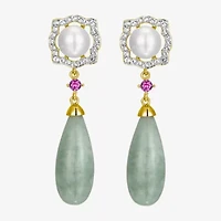 Womens Genuine Green Jade 18K Gold Over Silver Drop Earrings