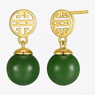 Womens Genuine Green Jade 18K Gold Over Silver Drop Earrings