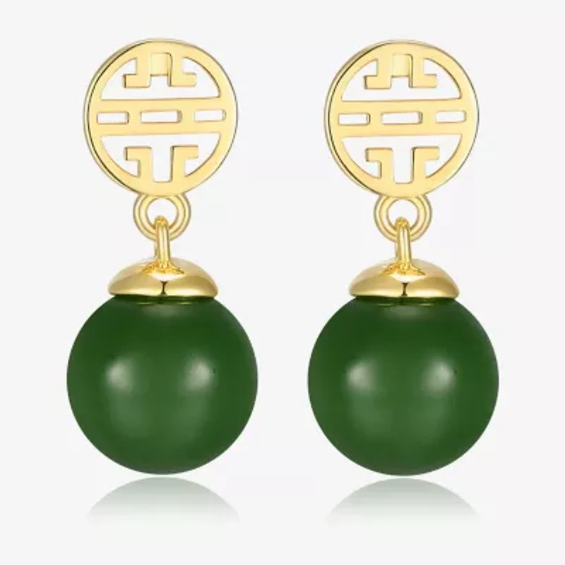 Womens Genuine Green Jade 18K Gold Over Silver Drop Earrings