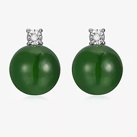 Diamond Accent Genuine Green Jade Sterling Silver 10.3mm Stud Earrings