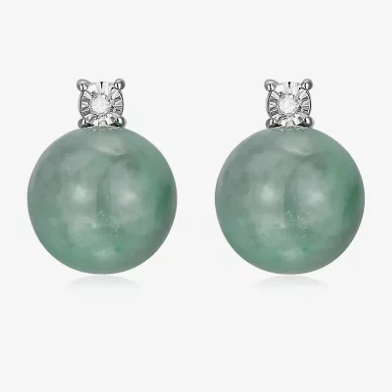 Diamond Accent Genuine Green Jade Sterling Silver 10.3mm Stud Earrings