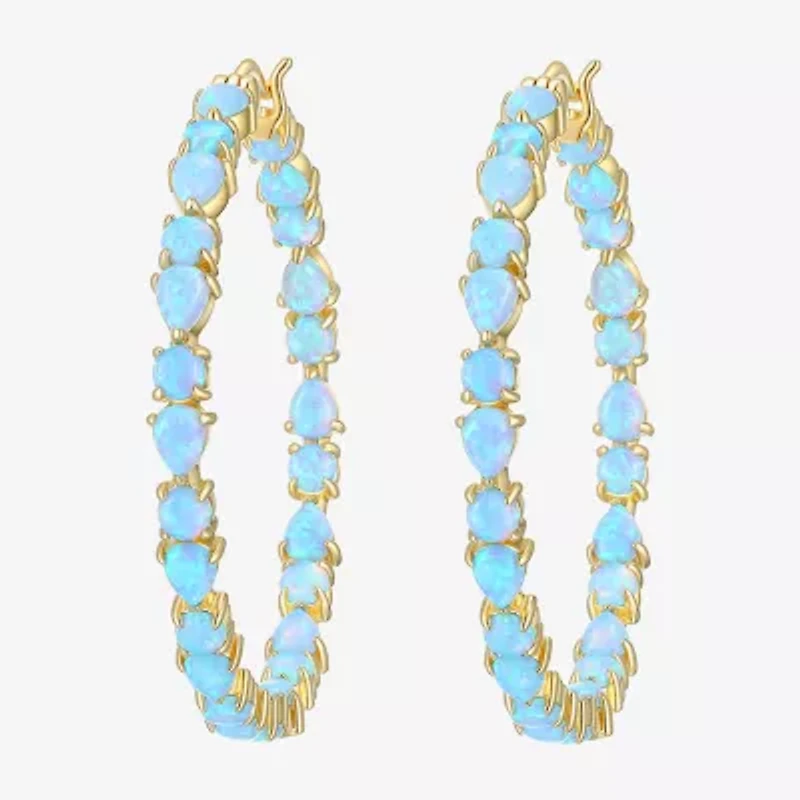 Womens Lab Created White Opal 18K Gold Over Silver 38.5mm Hoop Earrings