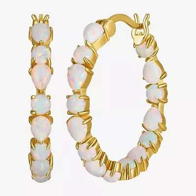 Womens Lab Created White Opal 18K Gold Over Silver 25.4mm Hoop Earrings