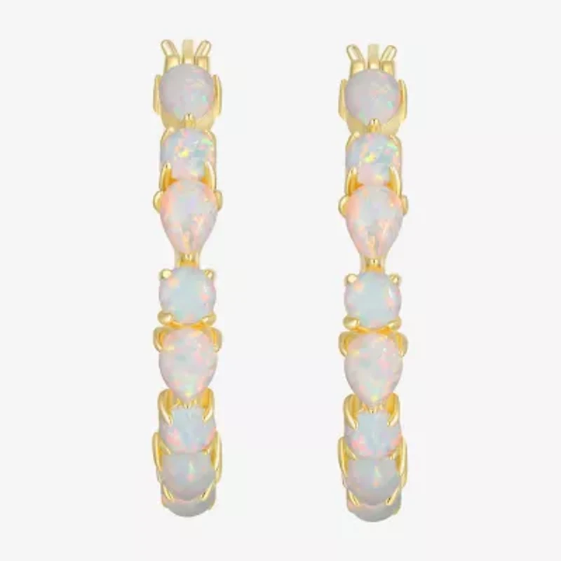 Womens Lab Created White Opal 18K Gold Over Silver 25.4mm Hoop Earrings