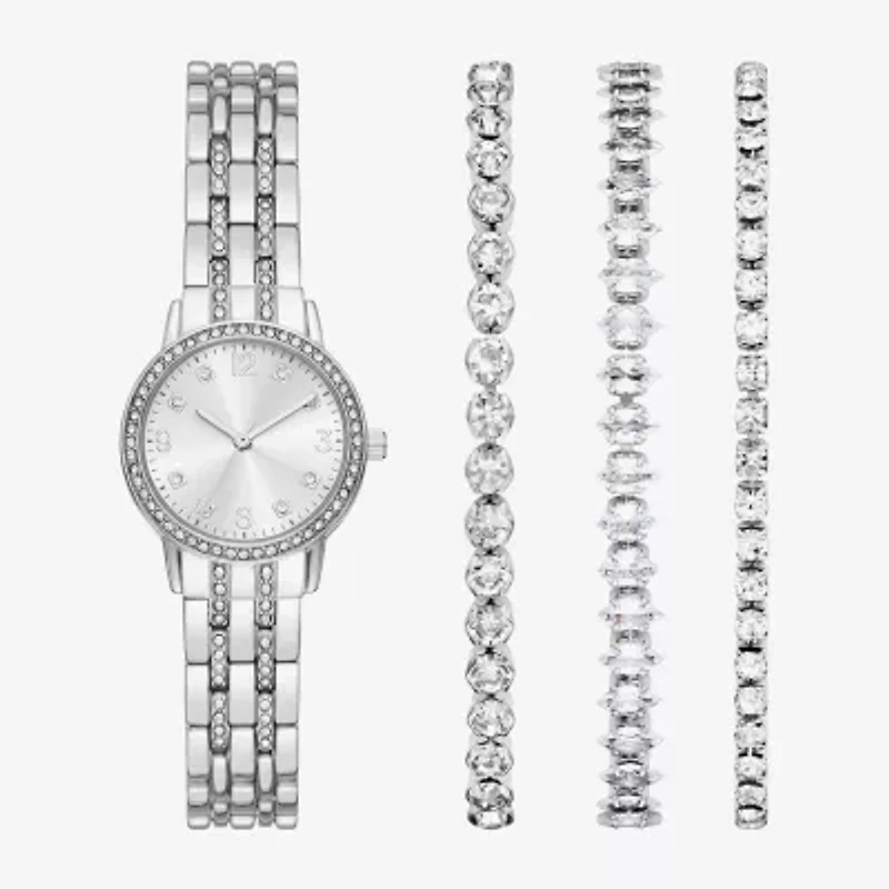 Womens Crystal Accent Silver Tone 4-pc. Watch Boxed Set Fmdjset725