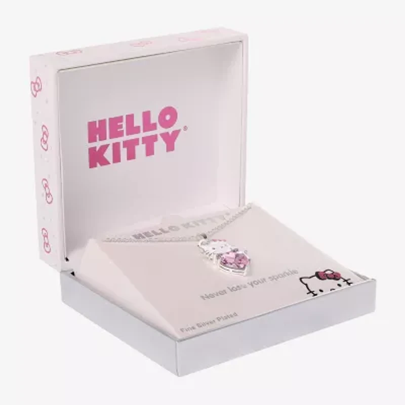 Hello Kitty Womens Pink Glass Pure Silver Over Brass Heart 16 Inch Pendant Necklace
