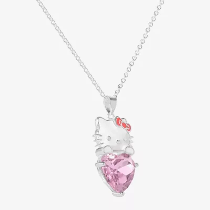 Hello Kitty Womens Pink Glass Pure Silver Over Brass Heart 16 Inch Pendant Necklace