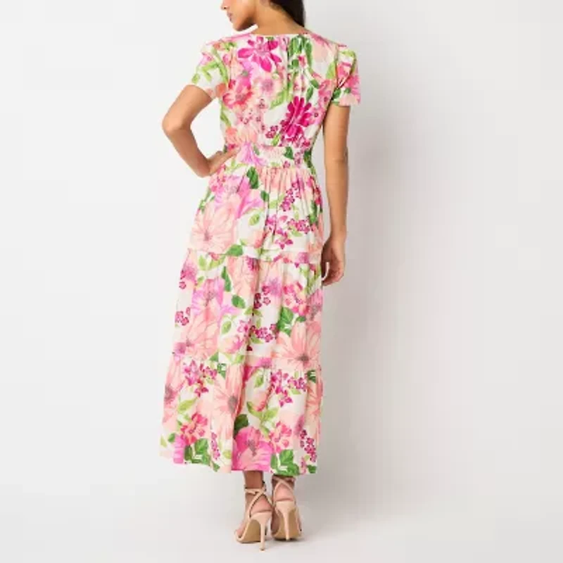 Be by CHETTA B Womens Short Sleeve Floral Petite Maxi Dress