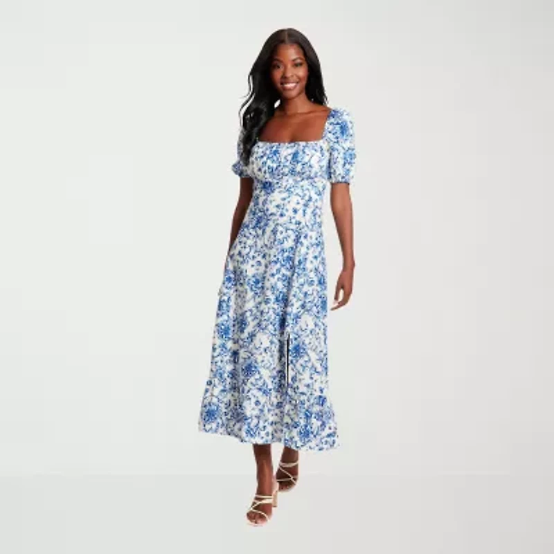 Clover And Sloane Womens Short Sleeve Floral Midi Petite Fit + Flare Dress