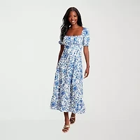 Clover And Sloane Womens Short Sleeve Floral Midi Petite Fit + Flare Dress