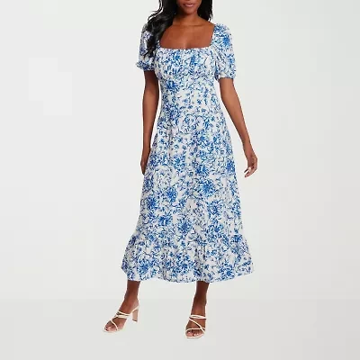 Clover And Sloane Womens Short Sleeve Floral Midi Petite Fit + Flare Dress
