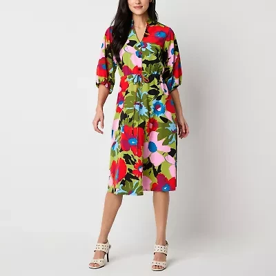 52seven Womens Elbow Sleeve Floral Midi Petite Fit + Flare Dress