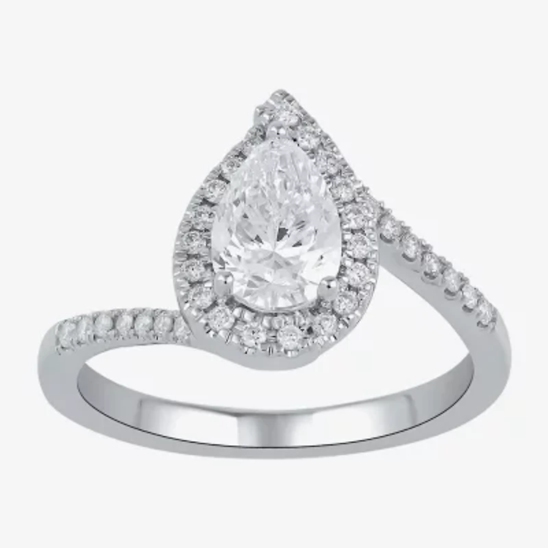 (G / I1) Womens 1 1/4 CT. T.W. Lab Grown White Diamond 14K Gold Pear Bypass Halo Engagement Ring