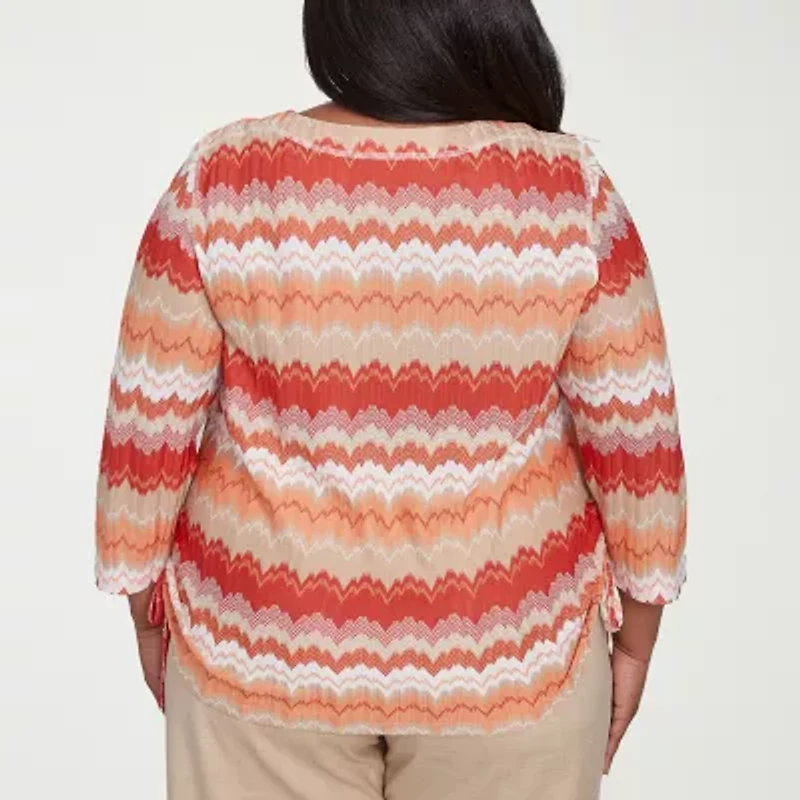 Alfred Dunner Catalina Island Womens Crew Neck 3/4 Sleeve Plus T-Shirt