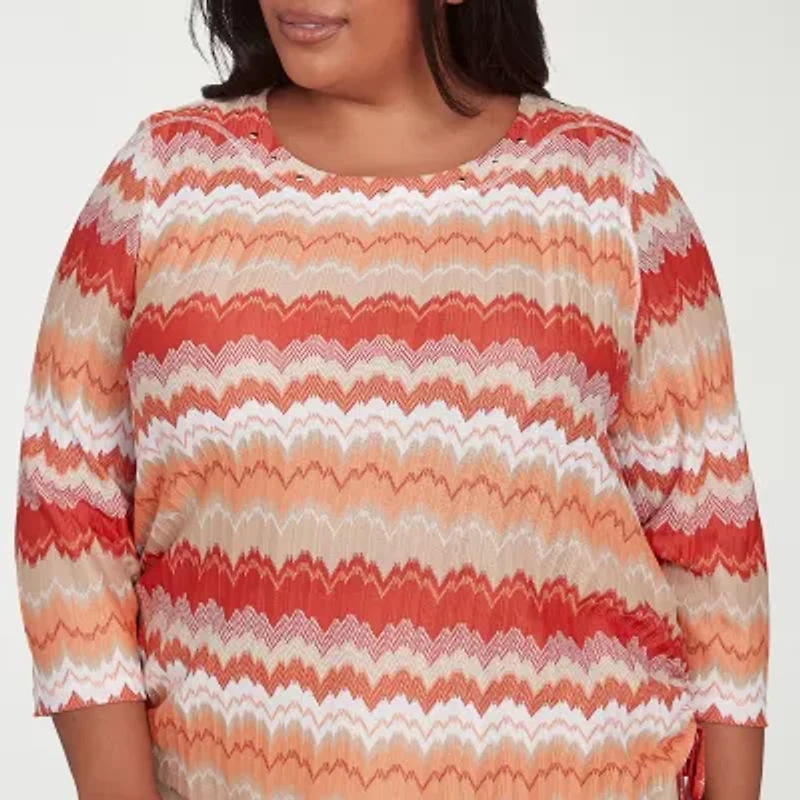 Alfred Dunner Catalina Island Womens Crew Neck 3/4 Sleeve Plus T-Shirt