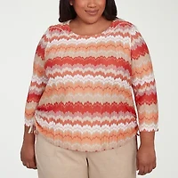 Alfred Dunner Catalina Island Womens Crew Neck 3/4 Sleeve Plus T-Shirt