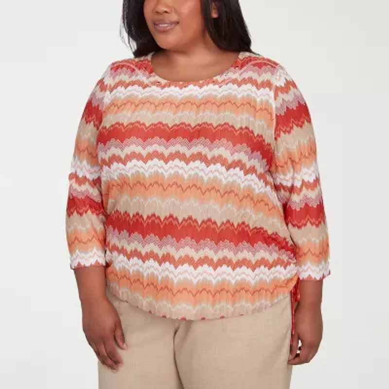 Alfred Dunner Catalina Island Womens Crew Neck 3/4 Sleeve Plus T-Shirt