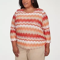 Alfred Dunner Catalina Island Womens Crew Neck 3/4 Sleeve Plus T-Shirt