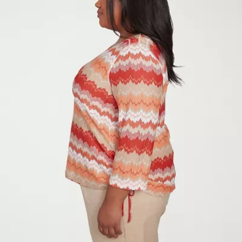 Alfred Dunner Catalina Island Womens Crew Neck 3/4 Sleeve Plus T-Shirt