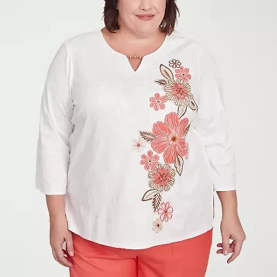 Alfred Dunner Catalina Island Womens Split Crew Neck 3/4 Sleeve Plus T-Shirt