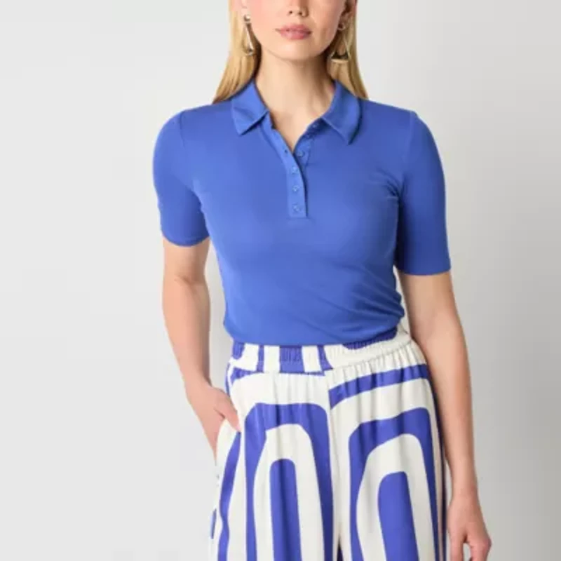 Worthington Womens Y Neck Short Sleeve Polo Shirt
