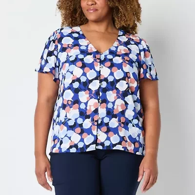 Liz Claiborne Plus Womens V Neck Short Sleeve Blouse