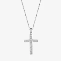 Mens Cubic Zirconia Sterling Silver Cross 24 Inch Pendant Necklace