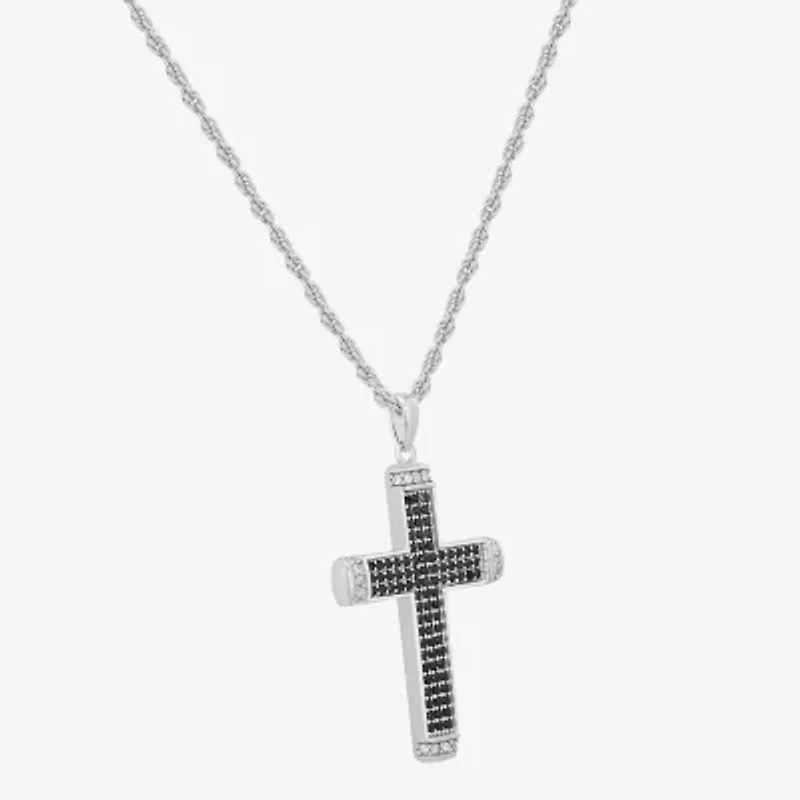 Mens Black Cubic Zirconia Sterling Silver Cross 24 Inch Pendant Necklace
