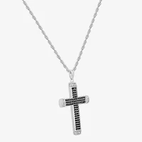 Mens Black Cubic Zirconia Sterling Silver Cross 24 Inch Pendant Necklace
