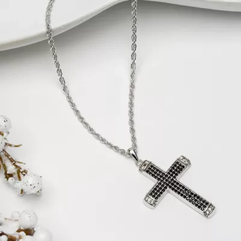 Mens Black Cubic Zirconia Sterling Silver Cross 24 Inch Pendant Necklace
