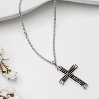 Mens Black Cubic Zirconia Sterling Silver Cross 24 Inch Pendant Necklace
