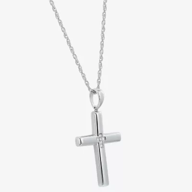 Mens Cubic Zirconia Sterling Silver Cross 24 Inch Pendant Necklace