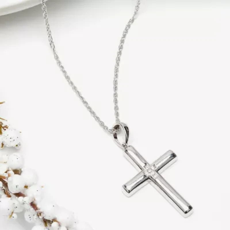 Mens Cubic Zirconia Sterling Silver Cross 24 Inch Pendant Necklace