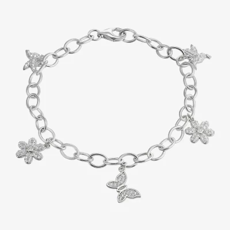 Diamonart Womens Cubic Zirconia Sterling Silver Butterfly Flower Charm Bracelet