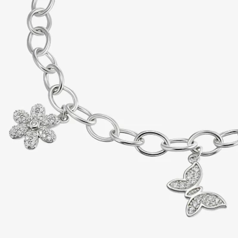 Diamonart Womens Cubic Zirconia Sterling Silver Butterfly Flower Charm Bracelet